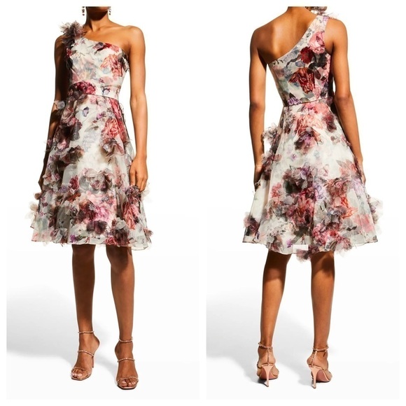 MARCHESA NOTTE One-Shoulder Tulle Dress w/ 3D Applique - Picture 3 of 13